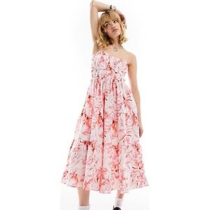 COLLUSION‎ Pink Floral Print Tiered Midi Dress Spaghetti Straps Size 4